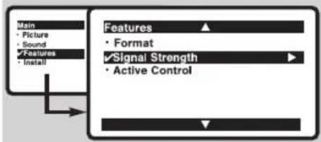 Main • Picture • Sound ✓Features • Install Features • Format ✓Signal Strength • Active Control