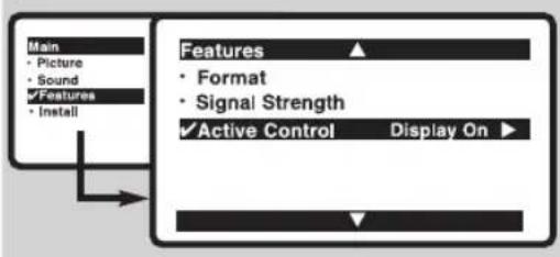 Main • Picture • Sound ✓Features • Install Features • Format • Signal Strength ✓Active Control Display On ▶