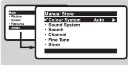 Main • Picture • Sound • Features Install Manual Store ✓ Colour System Auto • Sound System • Search • Channel • Fine Tune • Store