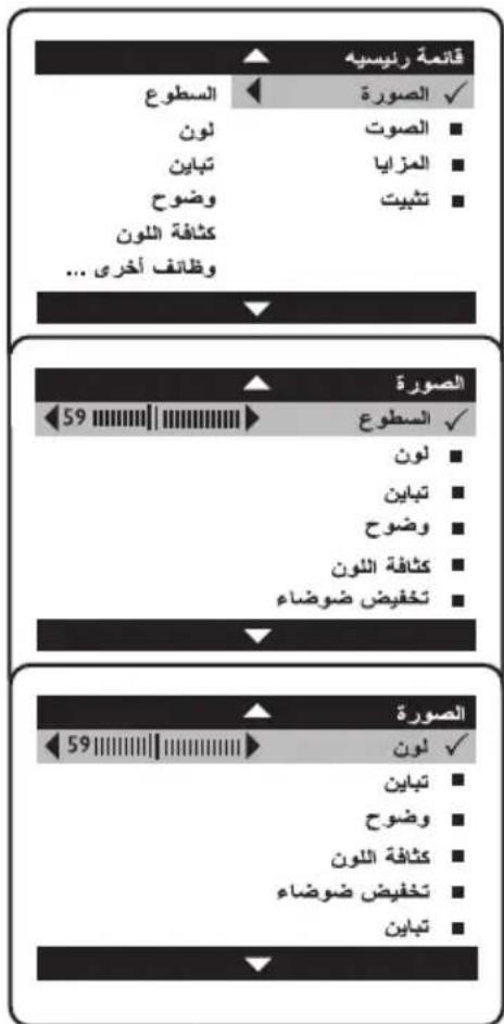 قائمة رئيسيه السطوع الصورة ✓ لون الصوت ■ تباين المزايا ■ وضعح تثبيت ■ كثافة اللون وظategic أخرى ... الصورة 59 السطوع ✓ لون ■ تباين ■ وضعح ■ كثافة اللون ■ تخفيض ضوضاء ■ الصورة 59 لون ✓ تباين ■ وضعح ■ كثافة اللون ■ Tortباين ■