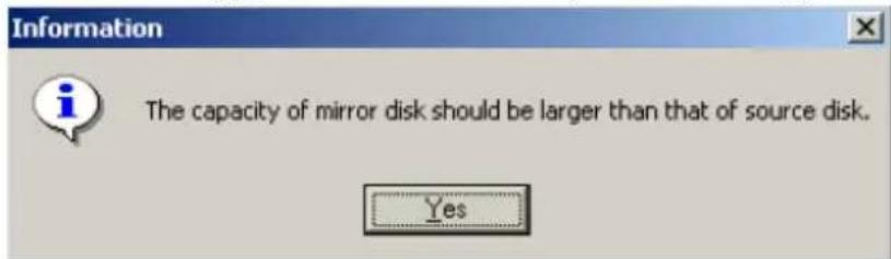 Information The capacity of mirror disk should be larger than that of source disk. Yes