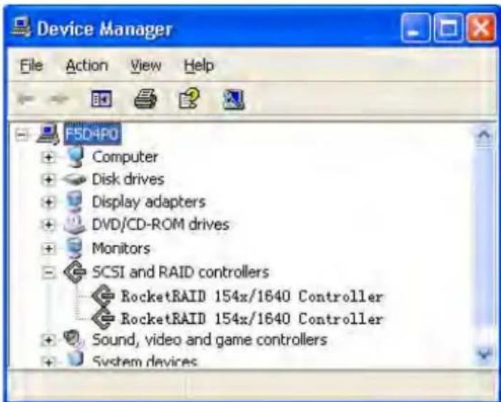 Device Manager File Action View Help F5D-4PO + Computer + Disk drives + Display adapters + DVD/CD-ROM drives + Monitors = SCSI and RAID controllers RocketRAID 154x/1640 Controller RocketRAID 154x/1640 Controller + Sound, video and game controllers + System devices