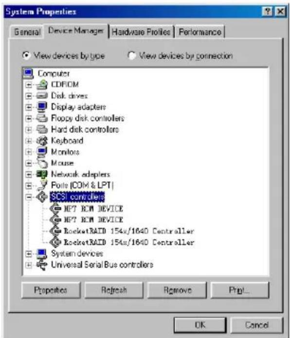 System Properties General Device Manager Hardware Profiles Performance View devices by type View devices by connection Computer CDROM Disk drives Display adapters Floppy disk controllers Hard disk controllers Keyboard Monitors Mouse Network adapters Poise (COM & LPT) SCS1 controller HPT ROM DEVICE HPT ROM DEVICE RocketRAID 154x/1640 Controller RocketRAID 154x/1640 Controller System devices Universal Serial Bus controllers Properties Refresh Remove Print... OK Cancel