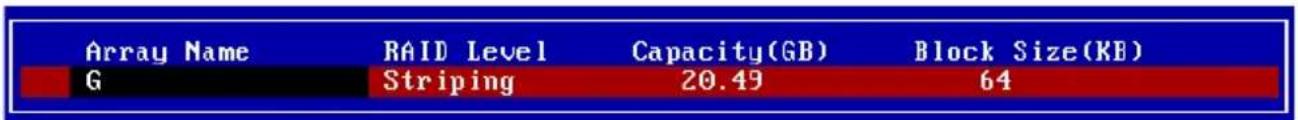 Array Name RAID Level Capacity(GB) Block Size(KB) G Striping 20.49 64