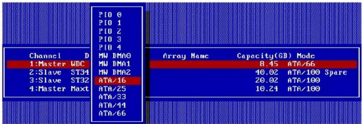 Channel D 1:Master WDC 2:Slave ST34 3:Slave ST32 4:Master Maxt PIO 0 PIO 1 PIO 2 PIO 3 PIO 4 MW DMA0 MW DMA1 MW DMA2 ATA/16 ATA/25 ATA/33 ATA/44 ATA/66 Array Name Capacity(GB) Mode 8.45 ATA/66 40.02 ATA/100 Spare 20.02 ATA/100 10.24 ATA/100