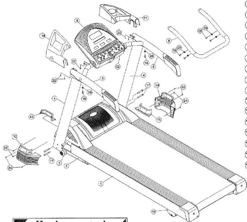 Technical diagram of a treadmill with numbered parts for identification and assembly reference.