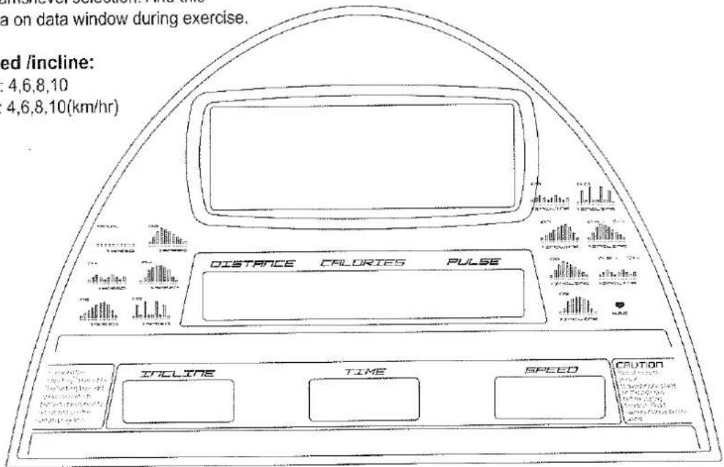 anliver, selection, and a on data window during exercise. ed /incline: 4,6,8,10 4,6,8,10(km/hr) DISTANCE CALORIES PULSE INCLINE TIME SPEED CAUTION