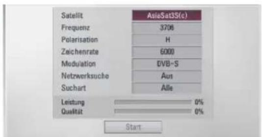 Satellit, Frequenz, 3706, Polarisation, H, Zeichenrate, 6000, Modulation, DVB-S, Netzwerksuche, Aus, Suchart, Alle, Leistung, 0%, Qualität, 0%, Start