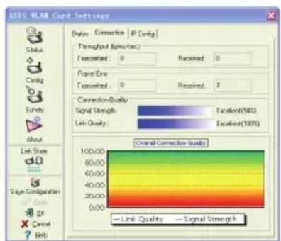 100% BLAR Card Soft stage Duration Connection IP Config Throughput (Spies/sec) Transmitted: 0 Received: 0 Frame-End Transmitted: 0 Received: 1 Connection Quality Signal Strength Excellent(583) Link Quality Location(1000) Overall Connection Quality Link Quality Signal Strength Start State Sign Configuration OK Cancel Help