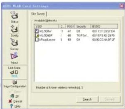 E275 WELAR Card Settings Site Survey Available SiteNote SSD C.RSST Security BSSD wt.500W 11 47 01 0017J1:C9:SF:D4 wt.500SP 1 -60 TuP(w.. 0018F3:40:28:F9 tRiseLower 3 69 01 0030CC:4A:BF:3F Number of known wireless network(1): 2 Search Cancel