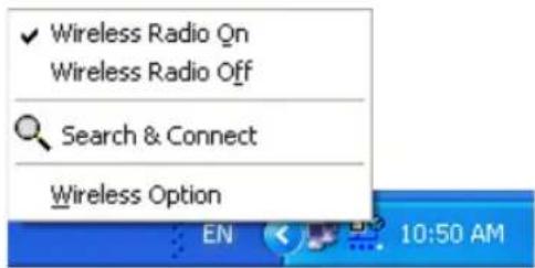 Wireless Radio On Wireless Radio Off Search & Connect Wireless Option EN 10:50 AM