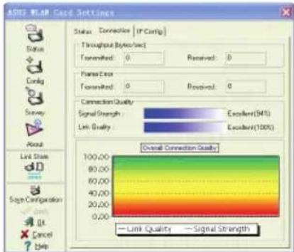 ASIG WEAR Case Settings Status Connection IP Config Throughput (Bytes/sec) Forward: 0 Received: 0 Frame Error Forward: 0 Received: 0 Connection Quality Signal Strength : Excellent(94%) Link Quality : Excellent(100%) Overall Connection Quality 100.00 80.00 60.00 40.00 20.00 0.00 Link Quality - Signal Strength