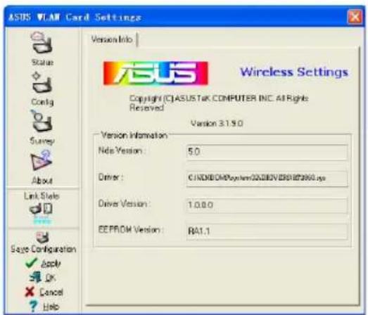 ASUS VRAM Card Settings Version Info Wireless Settings Copyright (C:\ASUSTAK.COMPUTER INC. All Rights Reserved Version 3.1.9.0 Version Information Nids Version: 5.0 Driver: C:\INDROM\System\2028\VERES\R2960.jsp Driver Version: 1.0.0.0 EEPROM Version: RA1.1 Save Configuration Apply OK Cancel Help