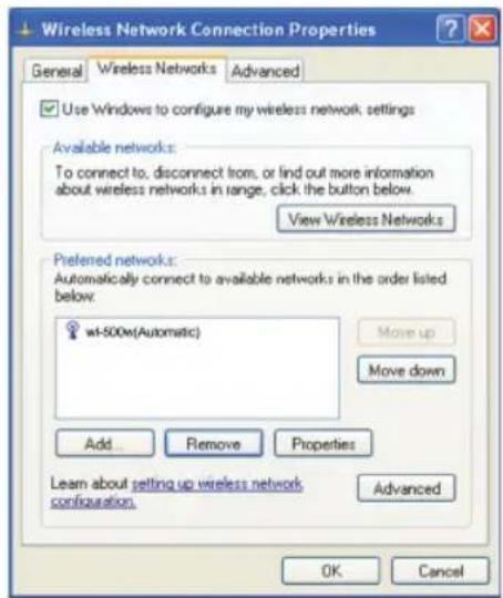 Wireless Network Connection Properties General Wireless Networks Advanced Use Windows to configure my wireless network settings Available networks: To connect to, disconnect from, or find out more information about wireless networks in range, click the button below. View Wireless Networks Preferred networks: Automatically connect to available networks in the order listed below: wt-500e(Automatic) Move up Move down Add... Remove Properties Learn about setting up wireless network configuration. Advanced OK Cancel