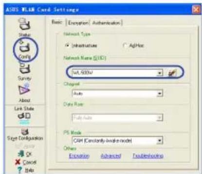 ASRS WLAM Card Settings Basic Encryption Authentication Network Type Infrastructure AgHoc Network Name (210) WLT 500W Chagrel Auto Data Rate: Auto Auto PS Mask CAM (Constantly Inverter model) Others Extension Advanced Troubleshooting