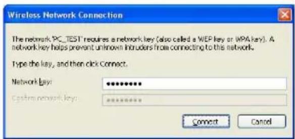 Wireless Network Connection The network 'PC_TEST' requires a network key (also called a WEP key or WPA key). A network key helps prevent unknown intruders from connecting to this network. Type the key, and then click Connect. Network Key: ********** Custom network Key: ********** Connect Cancel