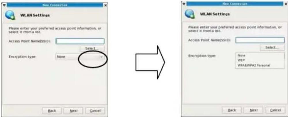 New Connections WLAN Settings Please enter your preferred access point information, or select it from a list. Access Point Name(5S10): Select... Encryption type: None Back Next Cancel WLAN Settings Please enter your preferred access point information, or select it from a list. Access Point Name(5S10): Select... Encryption type: None WEP WPA&WPA2 Personal Back Next Cancel