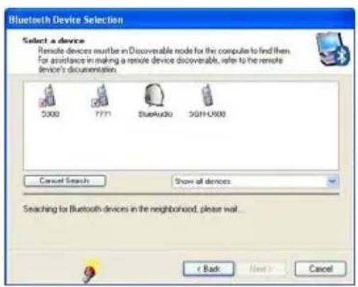 Bluetooth Device Selection Select a device Remote devices must be in Discoverable node for the computer to find then For assistance in making a remote device discoverable, refer to the remote device's documentation. 5000 F771 BlueAudio 5GHHU600 Cancel Search Show all devices Searching for Bluetooth devices in the neighborhood, please wait... < Back Next > Cancel