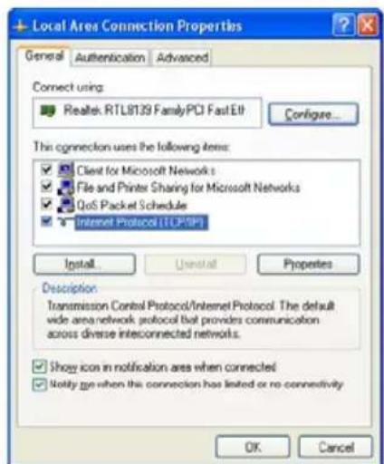 Local Area Connection Properties General Authentication Advanced Connect using: Realtek RTL8139 FamilyPCI FastEtl Configure... This connection uses the following items: Client for Microsoft Networks File and Printer Sharing for Microsoft Networks GoS Packet Schedule Internet Protocol (TCP/IP) Install Uninstall Properties Description Transmission Control Protocol/Internet Protocol: The default wide area network protocol that provides communication across diverse interconnected networks. Show icon in notification area when connected Notify ge when this connection has limited or no connectivity OK Cancel
