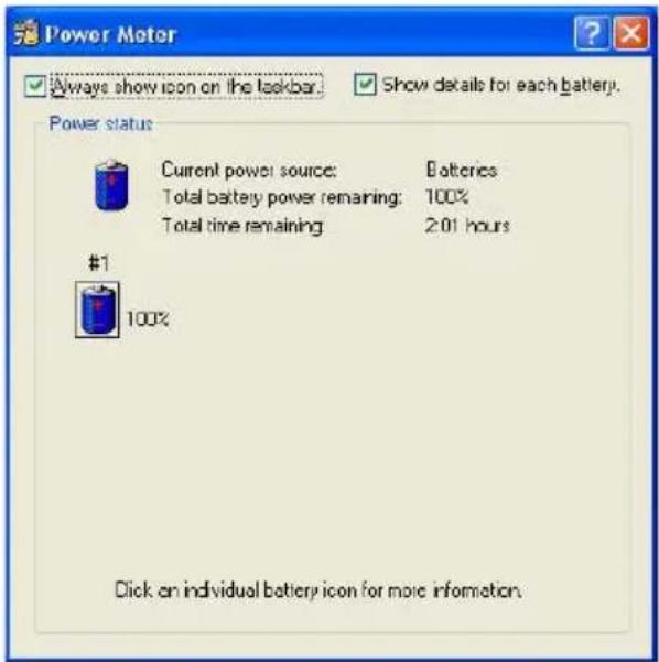 Power Motor ✓ Always show icon on the taskbar. ✓ Show details for each battery. Power status Current power source: Batteries Total battery power remaining: 100% Total time remaining: 2.01 hours #1 100% Click an individual battery icon for more information.