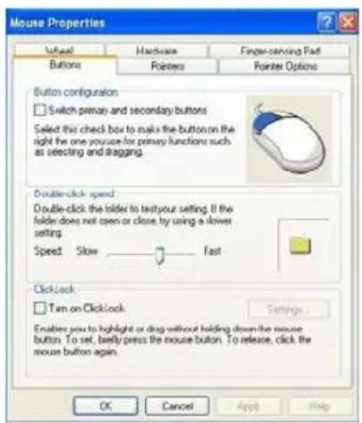 Mouse Properties Wheel Buttons Harnesses Pointers Finger-serving Fads Pointer Options Button configuration Switch primary and secondary buttons Select this check box to make the button on the right the one you use for primary functions such as selecting and dragging. Double-click speed Double-click the folder to test your setting. If the folder does not open or close, try using a slower setting. Speed Slow fast ClickLock Turn on ClickLock Enables you to highlight or drag without holding down the mouse button. To set, briefly press the mouse button. To release, click the mouse button again. OK Cancel Apply Help