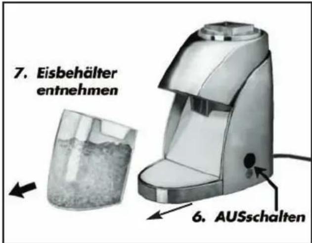 7. Eisbehälter entnehmen 6. AUSschalten