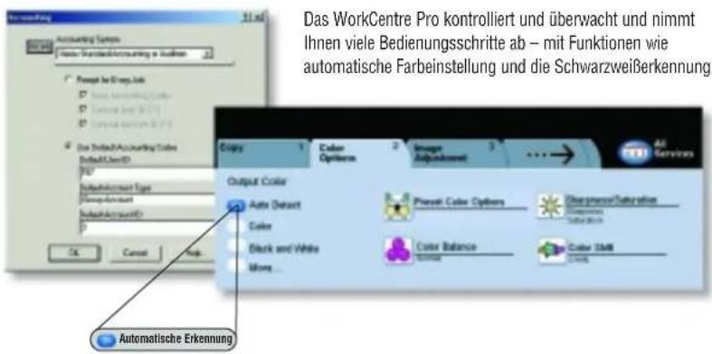 Das WorkCentre Pro kontrolliert und überwacht und nimmt Ihnen viele Bedienungsschritte ab – mit Funktionen wie automatische Farbeinstellung und die Schwarzweißerkennung. Automatische Erkennung