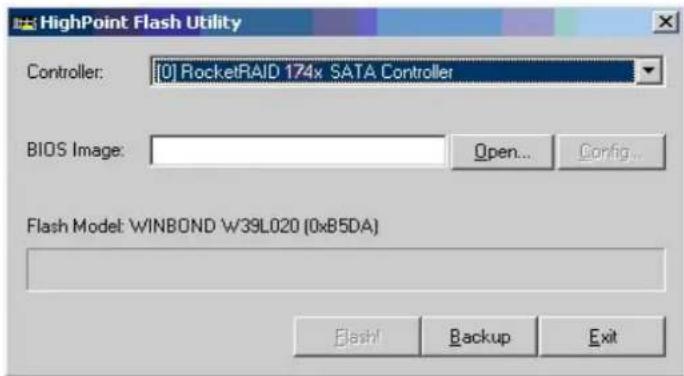 HighPoint Flash Utility Controller: [0] RocketRAID 174x SATA Controller BIOS Image: Open... Config... Flash Model: WINBOND W39L020 (0xB5DA) Hash Backup Exit
