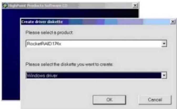 HighPoint Products Software CD Create driver diskette Please select a product: RocketRAID 174x Please select the diskette you want to create: Windows driver OK Cancel