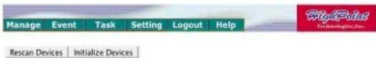 Manage Event Task Setting Logout Help Rescan Devices Initialize Devices