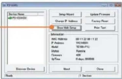 In P2-USB Device Name P5-0000001 Setup Wizard Change P Address Show Hash Setup Update Fromer Factory Power Print Text Information: MAC Address 00:11:22 00:11:22 P Address 19236801 Model TE108-P1U Status Running Firewire 406 UpTime 0 days.000000 Discover Device About Close Ready 1 Services