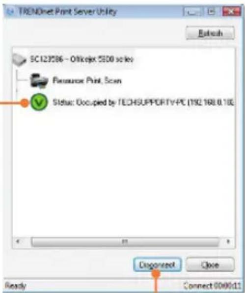 TRENDnet Print Server Utility Refresh SC123586 - Officer SSD series Resource Print, Scan Status: Occupied by TECHSUPPORTY-PC (192.168.0.100) Done Ready Connect 0049011