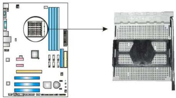 Diagram showing computer motherboard layout with labeled components and a close-up of the internal CPU socket with ventilation grille.