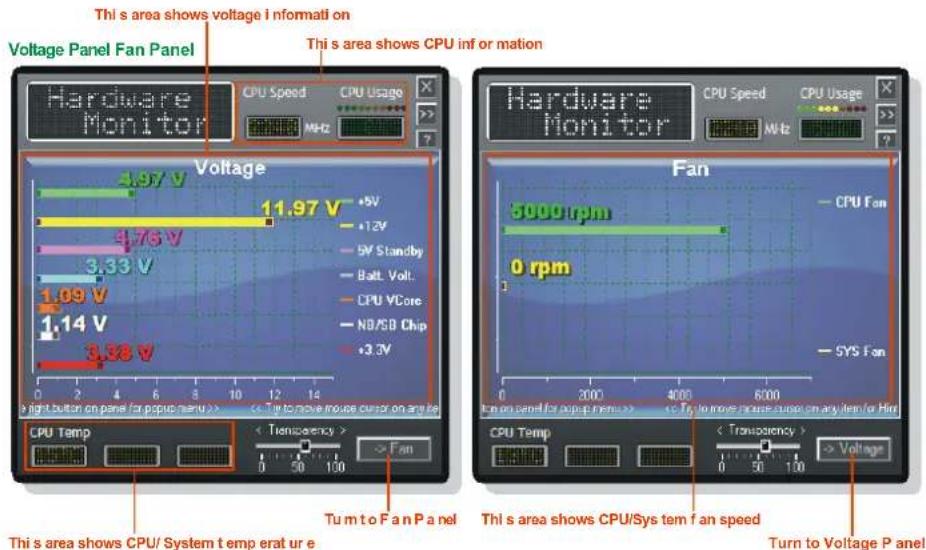 Thi s area shows voltage i n formati on Voltage Panel Fan Panel Thi s area shows CPU inf or mation Hardware Monitor CPU Speed CPU Usage MHz Voltage 4.97 V 11.97 V +5V -12V 4.76 V 3.33 V -1.09 V 1.14 V 3.58 V -3.3V Light button on panel /r popus menu >> < Tu to move mouse cursor on any se Hardware Monitor CPU Speed CPU Usage MHz Fan 5000 rpm 0 rpm - SYS Fan Tm on panel for output menu >> < Tu to move house stop on any item or hit CPU Temp < Transpency > -> Fan Tu to Fan Panel Thi s area shows CPU/ System temp erat ur e Thi s area shows CPU/System tem fan speed Turn to Voltage Panel