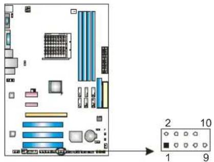 Diagram of a computer motherboard layout with labeled components and an exploded view showing numbered slots 1, 2, and 9.