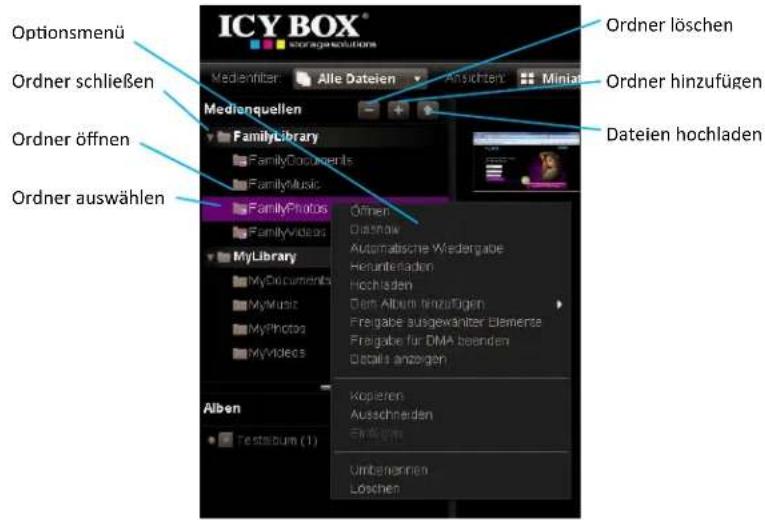 Optionsmenü Ordner schließen Ordner öffnen Ordner auswählen ICY BOX® Medienfilter: Alle Dateien Ansichten Minian Medienquellen FamilyLibrary FamilyDocuments FamilyMusic FamilyPhotos FamilyVideos MyLibrary MyDocuments MyMusic MyPhotos MyVideos Offnen Datnow Automatische Wiedergabe Herunterladen Hochladen Dem Album hinzufügen Freigabe ausgewählter Elemente Freigabe für DMA beenden Details angegeben Alben Testalbum (1) Kogieren Ausschreiden Einlagen Umbarennen Loschen Ordner löschen Ordner hinzufügen Dateien hochladen