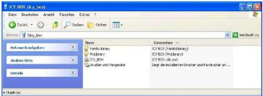 ICY BOX (Icy_box) Date: Bearbeiten Ansicht Favoriten Extras ? Zurück Suchen Order Adressor \Icy_box Wechsel zu Netzwerkkaufgaben Andere Orte Details Name Kommentare FamilyLibrary 3CY BOX (FamilyLibrary) MyLibrary 3CY BOX (MyLibrary) ICY_BOX 3CY BOX lub port Drucker und Favigerate Zegt die installierten Drucker und Favdrucker an ... + Objekt(e)