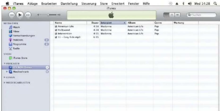 iTunes Ablage Bearbeiten Darstellung Steuerung Store Erweitert Fenster Hilfe Wed 14:28 iTunes iTunes iTunes Music Filme Fernschendungen Podcasts Programme Radio MEDIATHEX Music Filme Fernschendungen Podcasts Programme Radio STORE iTunes Store FREDICALEN CY BOX-Tunes Musikschrank CENSUS WIEDERGABELISTEN Name Dauer Interpret Album Genre Wertung American Life 4.58 Madonna American Life Pop Hollywood 4.24 Madonna American Life Pop Intervention 4.55 Madonna American Life Pop 11 - Easy Ride.mp3 6:35
