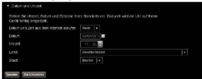 Datum und Uhrzeit Stellen Sie Uhrzeit, Datum und Zeitzone Ihres Standorts ein. Dadurch wird die Uhr auf Ihrem Gerat nichtig eingestellt. Datum und Zeit aus dem Internet asorufen Nein Datum 06/04/2010 Uhrzeit 17:23 Land Deutschland Stack Berlin Senden Zurucksetzen