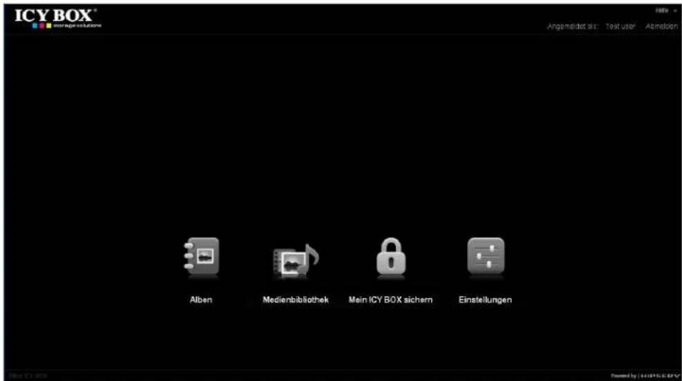 ICY BOX® managements Angemeldet als: Text user Abindeln Alben Medienbibliothek Main ICY BOX sichern Einstellungen