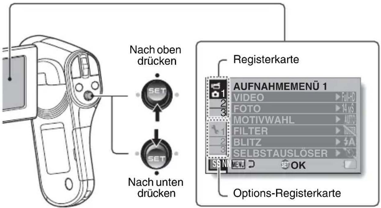 Nach oben drücken SET SET Nach unten drücken Registerkarte AUFNAHMEMENÜ 1 VIDEO FOTO MOTIVWAHL FILTER BLITZ SELBSTAUSLÖSER SSN OK Options-Registerkarte