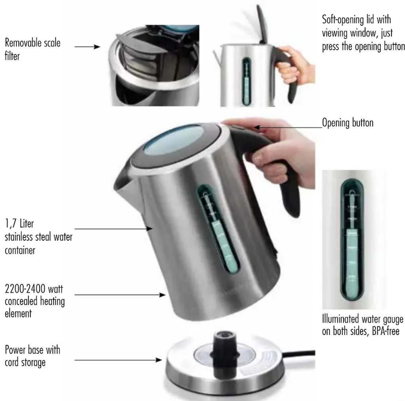 Soft-opening lid with viewing window, just press the opening button Opening button Removable scale filter 1,7 Liter stainless steal water container 2200-2400 watt concealed heating element Power base with cord storage Illuminated water gauge on both sides, BPA-free
