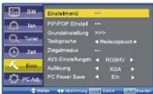 Bild Ten Tuner Zeit Einl PC Adj. Einstellmenü ... PIP/POP Einsteil ... Grundelnstellung >>>> Textsprache < Westenopduch > Ziegelmebus ... AV2-Einstellungen < ROAHV > Auftragung < XQA > PC Power Save < Ein >