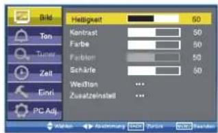 Bild Ton Tupper Zeit Einl PC Adj. Helligkeit 50 Kontrast 50 Farbe 50 Fashion 50 Schäfer 50 Weston ... Zusatzeinstall ... Vitalien Abzernung 100% 20% 30% Free-der