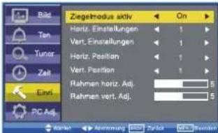 Bild Tan Tuner Zeit Einl PC Adj. Ziegelmodus aktiv Horiz. Einstellungen Vert. Einstellungen Horiz. Position Vert. Position Rahmen horz. Adj. Rahmen vert. Adj. On 1 1 1 5 5