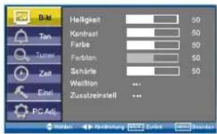 B-kl Tan Tuner Zeit Endi PC Adj Helligkeit 50 Kontrast 50 Farbe 50 Farbion 50 Schränse 50 Weflation ... Zusatzzeinriell ... Mitar - Abzernung - Barkeit - Barion