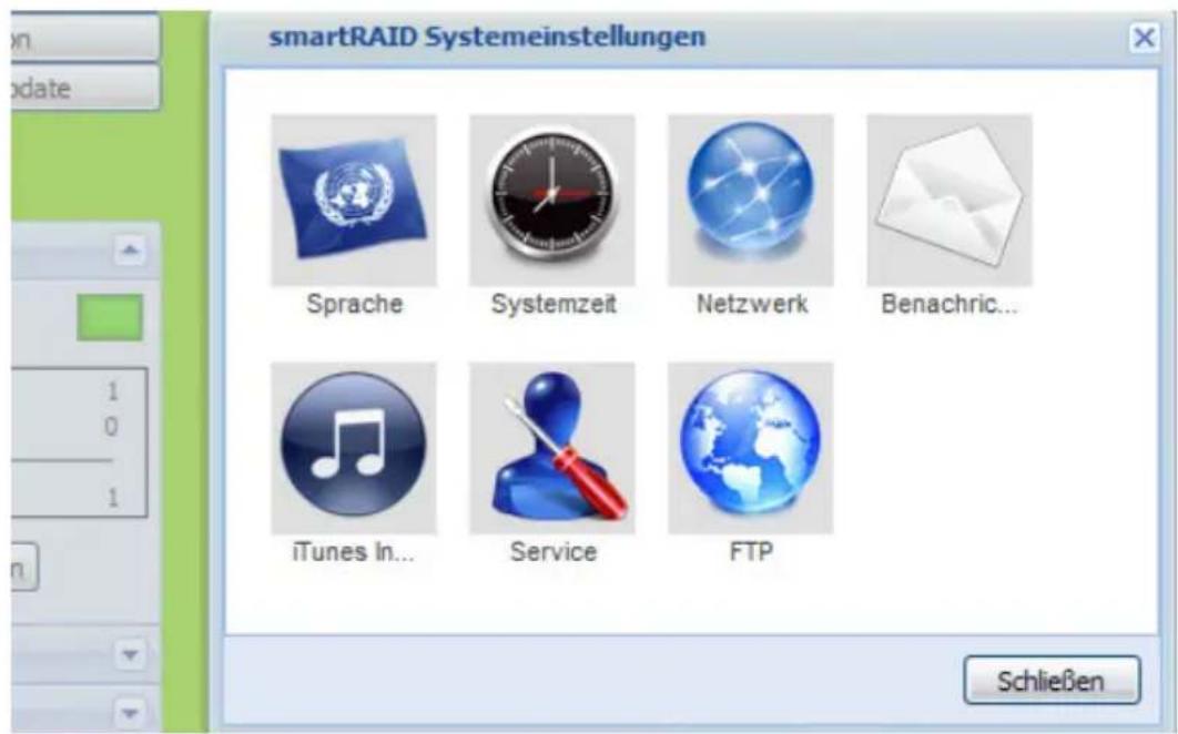 smartRAID Systemeinstellungen Sprache Systemzeit Netzwerk Benachric... iTunes In... Service FTP Schließen