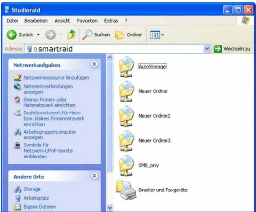 Studioraid Datei Bearbeiten Ansicht Favoriten Extras ? Zurück Suchen Ordner Adresse \smartraid Wechseln zu Netzwerkkaufgaben Netzwerkressource hinzufügen Netzwerkverbindungen anzeigen Kleines Firmen- oder Heimnetzwerk einrichten Drohtlosnetzwerk für Heim- bzw. kleines Firmennetzwerk einrichten Arbeitsgruppencomputer anzeigen Symbole für Netzwerk-UPnP-Geräte einblenden Andere Orte Storage Arbeitsplatz Eigene Dateien AutoStorage Neuer Ordner Neuer Ordner2 Neuer Ordner3 SMB_only Drucker und Faxgeräte