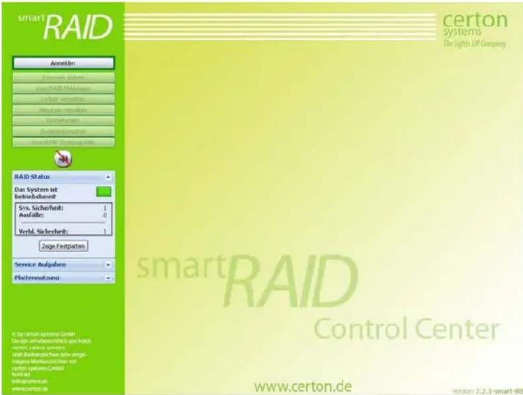 smart RAID Anselien Einsturiet System zins RAID 144ungen - Zinserer entwerten Sitzgas System Zinsfaltungen System Variation zinsRAID Systems-Means RAID Status Das System ist betriebsbereit Sys. Sicherheit: 1 Ausfälle: 0 Verbl. Sicherheit: 1 Zeige Festplatten Service Aufgaben Plattentnutzung © Dr. certan systems GmbH Design umbezichlich sowie horten, certan, certan systems and Marktwert zur die insel- tragen Marktwert zum vor certan system GmbH kurs auf industries.de www.certon.de www.certon.de certon systems The Lights Off Company smart RAID Control Center www.certon.de version 2.2.3-smart-B88