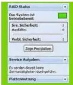 RAID Status Das System ist betriebsbereit Srs. Sicherheit: 1 Ausfälle: 0 Verbl. Sicherheit: 1 Zins Festplatten Service Aufgaben Es werden derzeit keine Servicestätigkeit durchgeführt. Plattennutzung